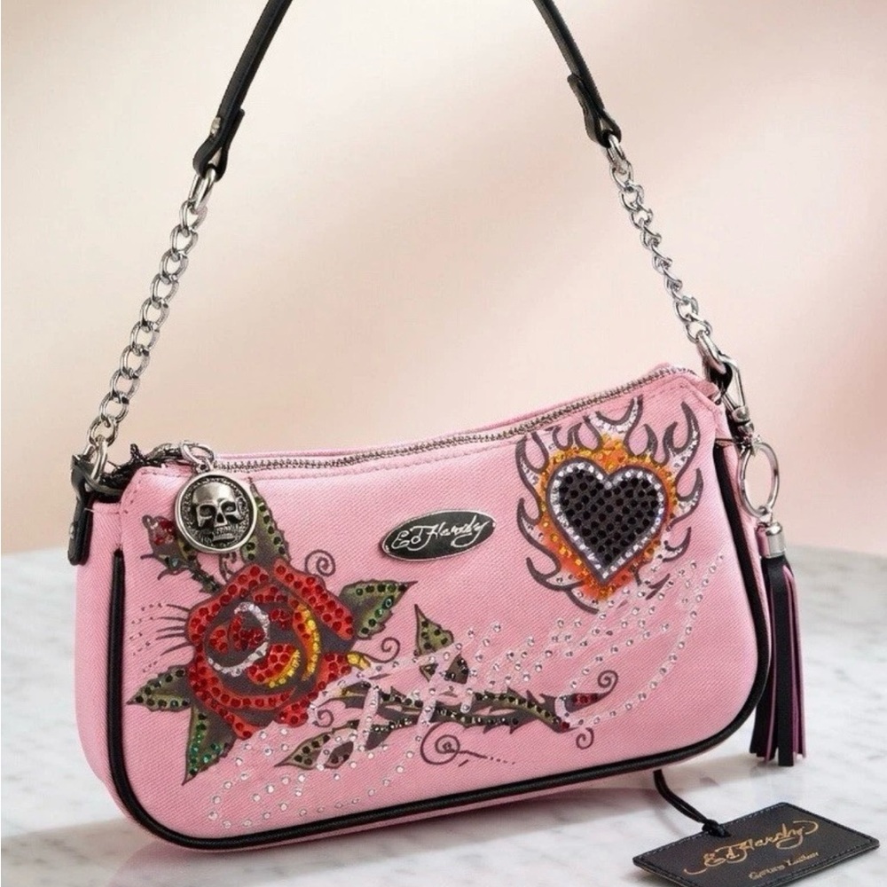Ed Hardy Pink Embellished shoulder bag with crossbody strap and Skull Charm